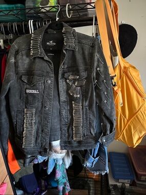 Hollister Black Distressed Denim Jacket with Safety Pin Accents
